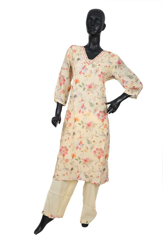 Cream floral printed kurta set with straight pants on mannequin, ethnic women's wear