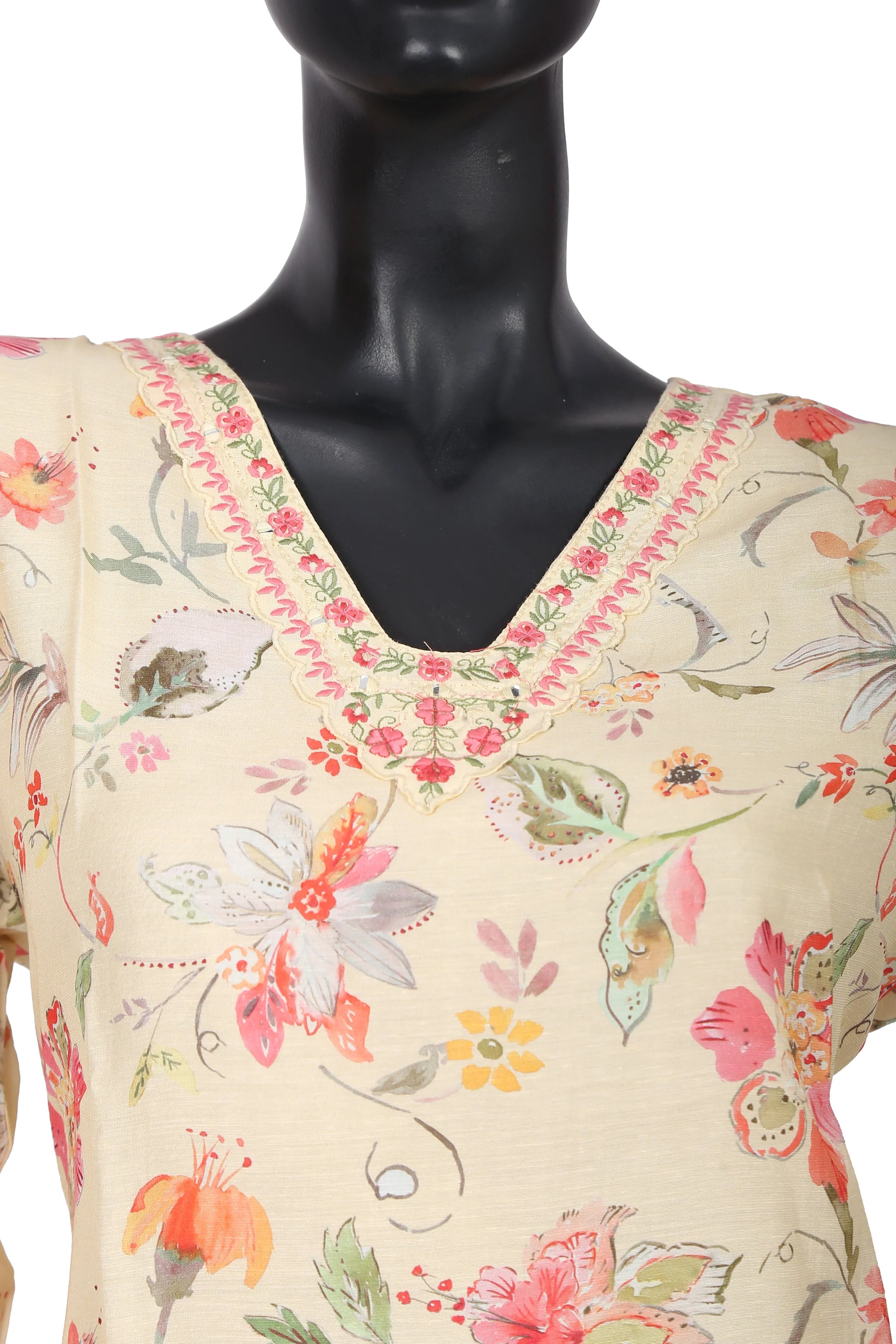 Cream floral printed kurta with embroidered V-neck on mannequin, ethnic women's fashion