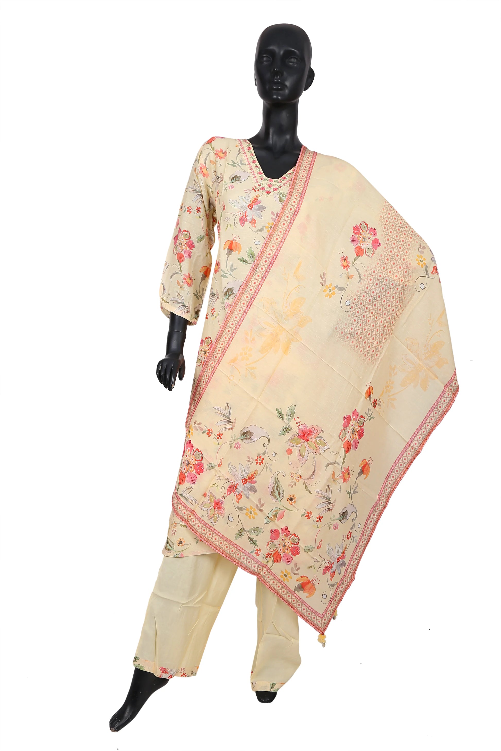 Beige floral printed salwar kameez set with dupatta on mannequin